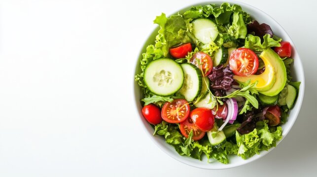 Fresh colorful salad bowl of lettuce tomatoes and cucumbers