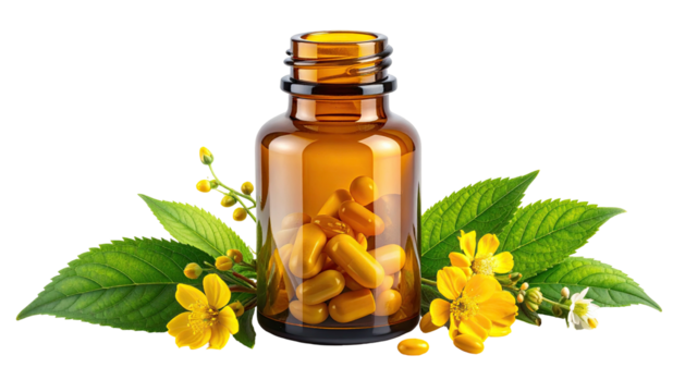 Amber bottle with capsules surrounded by green leaves and yellow flowers
