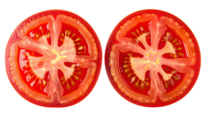 Two halved tomato slices, top-down, revealing juicy inner flesh