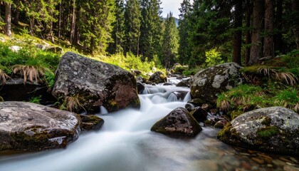 Fototapeta premium A Mountain Stream Flows Over Rocks Through A Lush Green Forest With Sunlight Filtering Through The Trees
