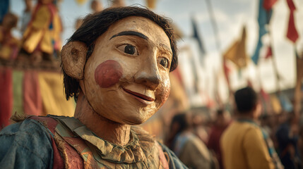Discover the vibrant colors and joyous spirit of the Higantes Festival, Philippines, through a charming wooden figure's joyful expression