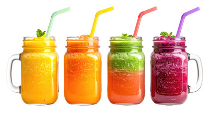 Colorful smoothies in glass jars with straws and mint garnish