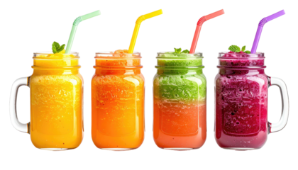 Colorful smoothies in glass jars with straws and mint garnish