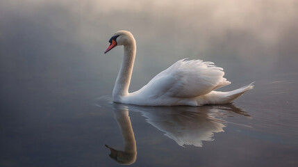 Obraz premium A graceful swan glides through tranquil waters with mirrored reflections on a calm day in nature