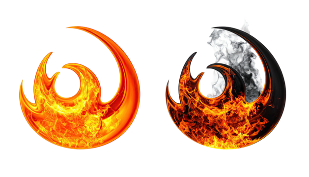 Fiery yin yang one blazing, one with smoke. Contrast design