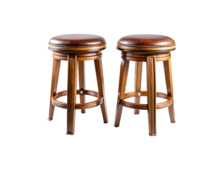 Two detailed wooden bar stools with padded tops isolated on a for commercial use