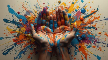 Hands holding colorful paint splashes exploding outwards