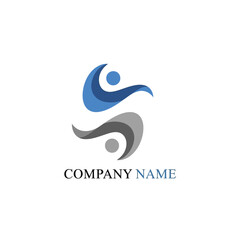 Abstract logo design featuring two stylized human figures in a dynamic pose.