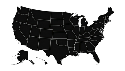 Dark silhouette map of the United States with state borders