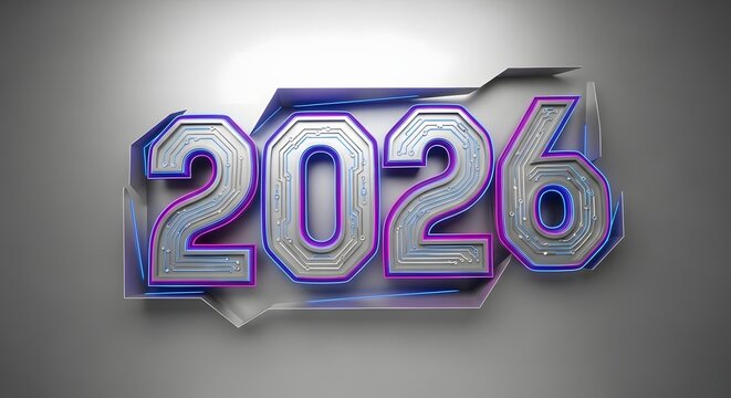 Futuristic 2026 numbers with circuit board texture and glowing neon outlines on a neutral background.