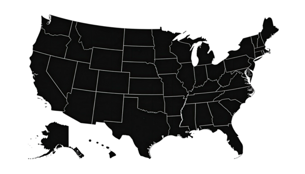 Dark silhouette map of the United States with state borders