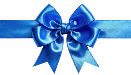 Bright blue satin bow centered on a horizontal ribbon