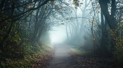 A mysterious foggy forest path creates an eerie and captivating enigma as sunlight barely pierces through dense branches and swirling mist