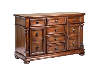 Antique wooden dresser with intricate carvings and numerous drawers detailed furniture piece