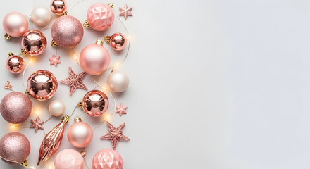 Rose Gold and Blush Christmas Baubles with Delicate Stars on Pale Gray

