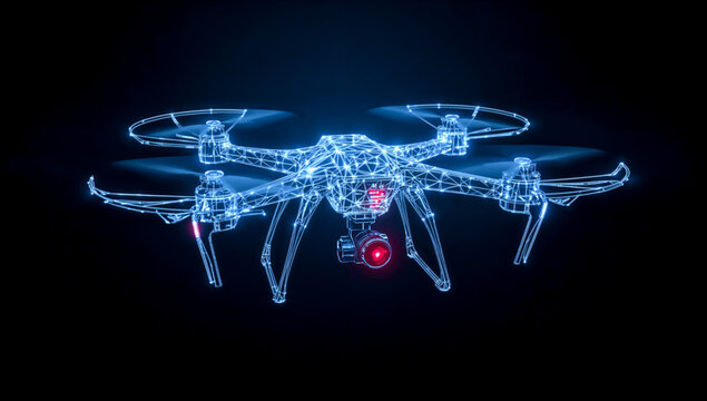 Blue holographic drone or quadcopter with glowing red lights and a camera, representing futuristic technology, automated delivery, aerial surveillance, and smart logistics system concept on a black bg