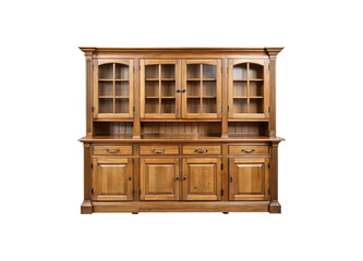 Detailed golden oak hutch with glass doors and ample storage for elegant home display