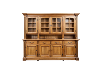 Detailed golden oak hutch with glass doors and ample storage for elegant home display