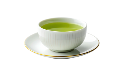 Cup of matcha green tea on white saucer, gold trim, sleek