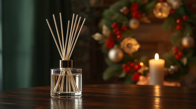 A luxurious and cinematic Christmas interior still life featuring a clear glass reed diffuser on a dark wooden table. In the background, a softly glowing festive wreath made of pine, red berries, 