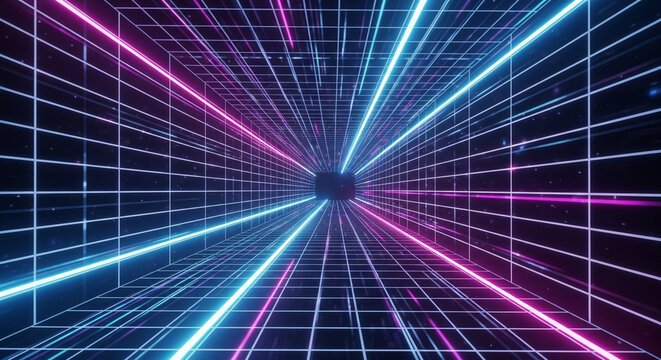 Abstract digital tunnel with neon grid lines in pink and blue, futuristic cyberspace concept