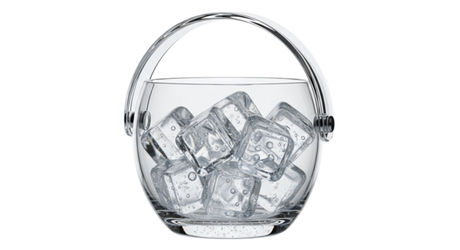 Crystal ice bucket filled with ice cubes, isolated on transparent background, perfect for chilling drinks at parties and events
