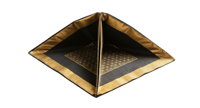 Elegant black and gold silk pocket square, folded in a decorative triangle shape, isolated on transparent background, perfect for formal occasions - Powered by Adobe