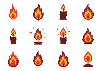 Fiery Warmth Set of Flame and Candle Icons