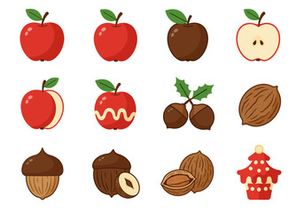 Colorful Apple and Nut Variety Illustration Set