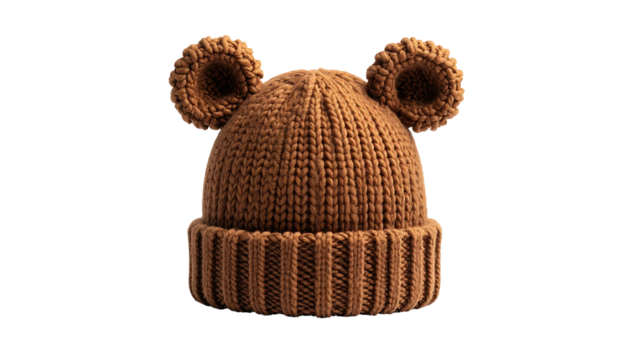 Brown knit beanie with ears, folded brim, isolated on black