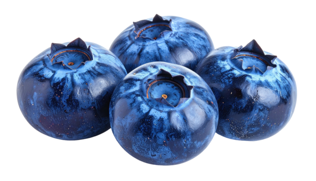 Four blueberries, clustered together, isolated, against black