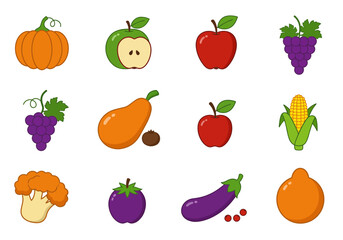 Colorful Variety Cartoon Fruits and Vegetables Illustration
