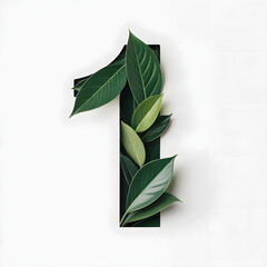 Number one decorated with lush green leaves