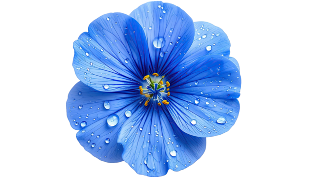 Blue flower with water droplets on petals, centered on black