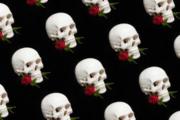 Macabre pattern of skulls and roses on black background