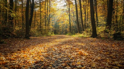 Golden autumn leaves carpet a quiet forest path as sunlight filters through branches creating a magical glow