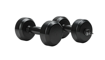 Two black dumbbells with round weights on a black background