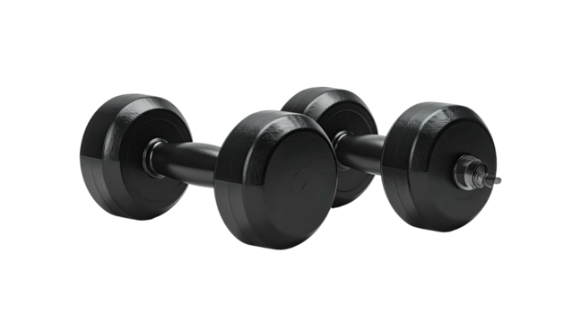 Two black dumbbells with round weights on a black background