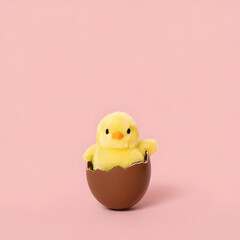 Adorable yellow chick emerging from a chocolate easter egg