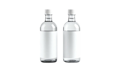 Two filled clear glass bottles with white labels against black