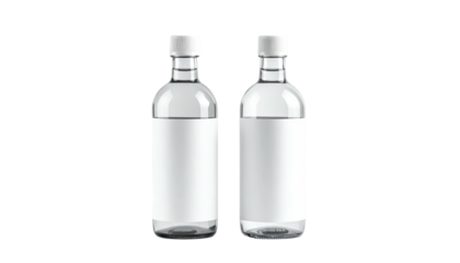 Two filled clear glass bottles with white labels against black
