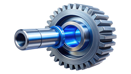 Metallic cogwheel on shaft, silver and blue, on a black background