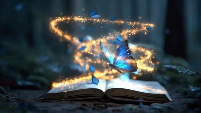 Open ancient book glows as golden sparks swirl around a blue butterfly in a moonlit; emerald forest