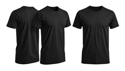 Three black t-shirts viewed from different angles on black