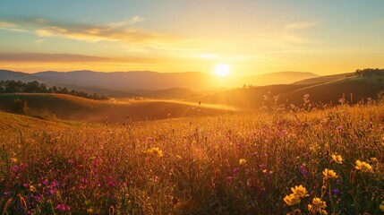 A golden sunrise casting warm light over rolling hills covered in morning mist with wildflowers in the foreground