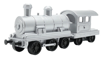 Silver toy train engine and tender, studio shot on white