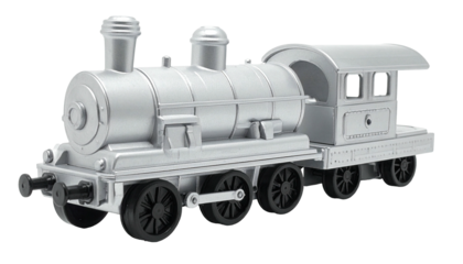 Silver toy train engine and tender, studio shot on white