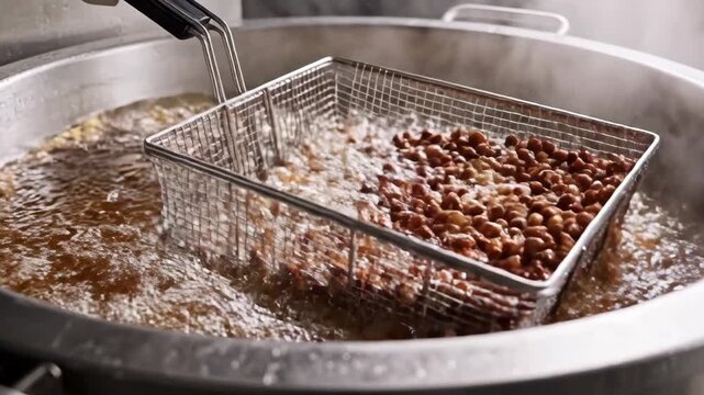Industrial deep frying process: beans immersion, bubbling oil, and crisp result in largescale cooking