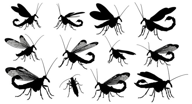Collection of mayfly silhouettes isolated on white background, showcasing various angles