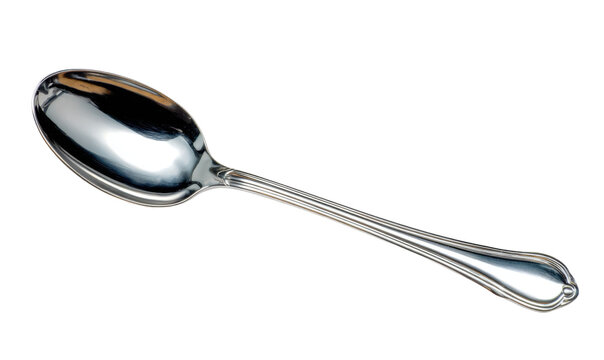 Close-up shot of a shiny, silver spoon with a long, elegant handle, isolated on white.
